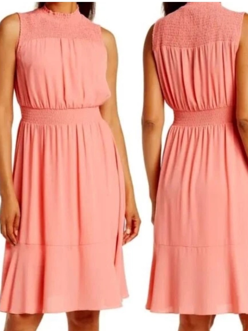 Nanette Lepore Soft Coral Smocked Mock Neck Midi Dress Size 4